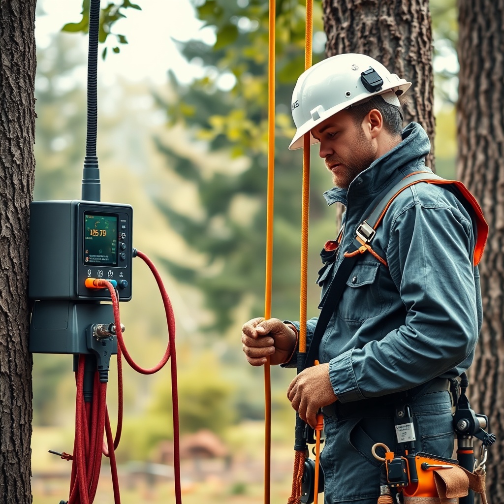<clean photorealistic photo/illustration of a professional arborist inspecting the control