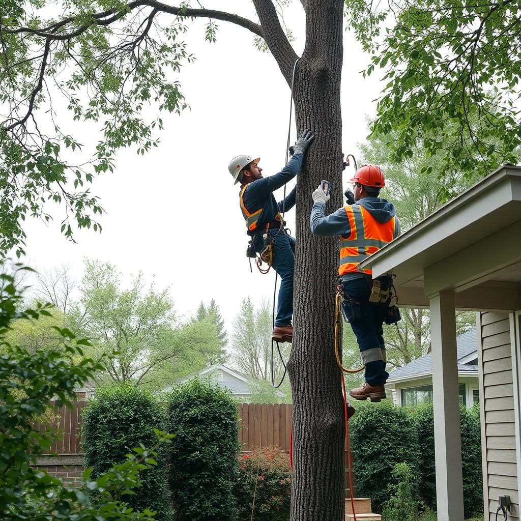 <clean photorealistic photo/illustration of a professional tree care team using the Hass R
