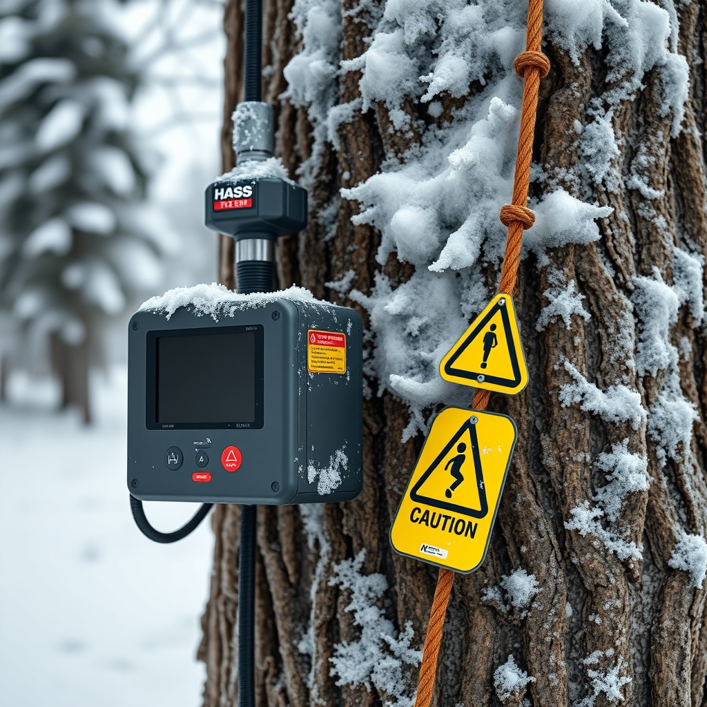A photorealistic close-up of the Hass Remote Tree Climbing System's control unit and rope