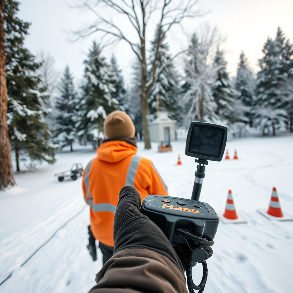 A photorealistic winter scene showing an arborist operating the Hass Remote Tree Climbing