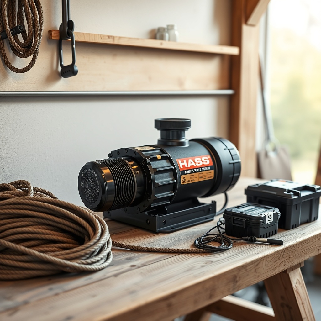 A clean photorealistic photo of the Hass Remote Tree Climbing System motor unit resting on