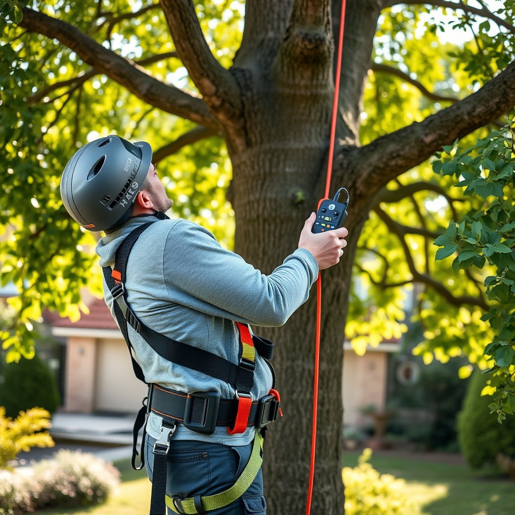 A clean photorealistic photo of a DIY enthusiast wearing a safety harness