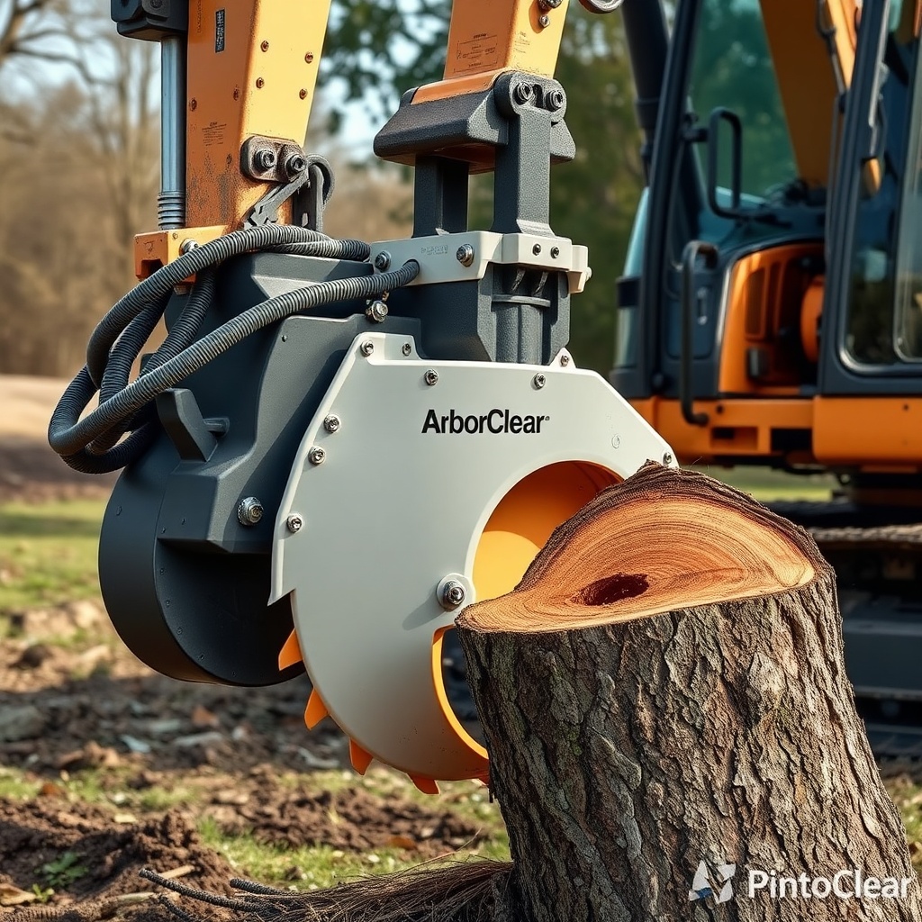 <A photorealistic photo of an ArborClear Tree Shear Attachment mounted on an excavator