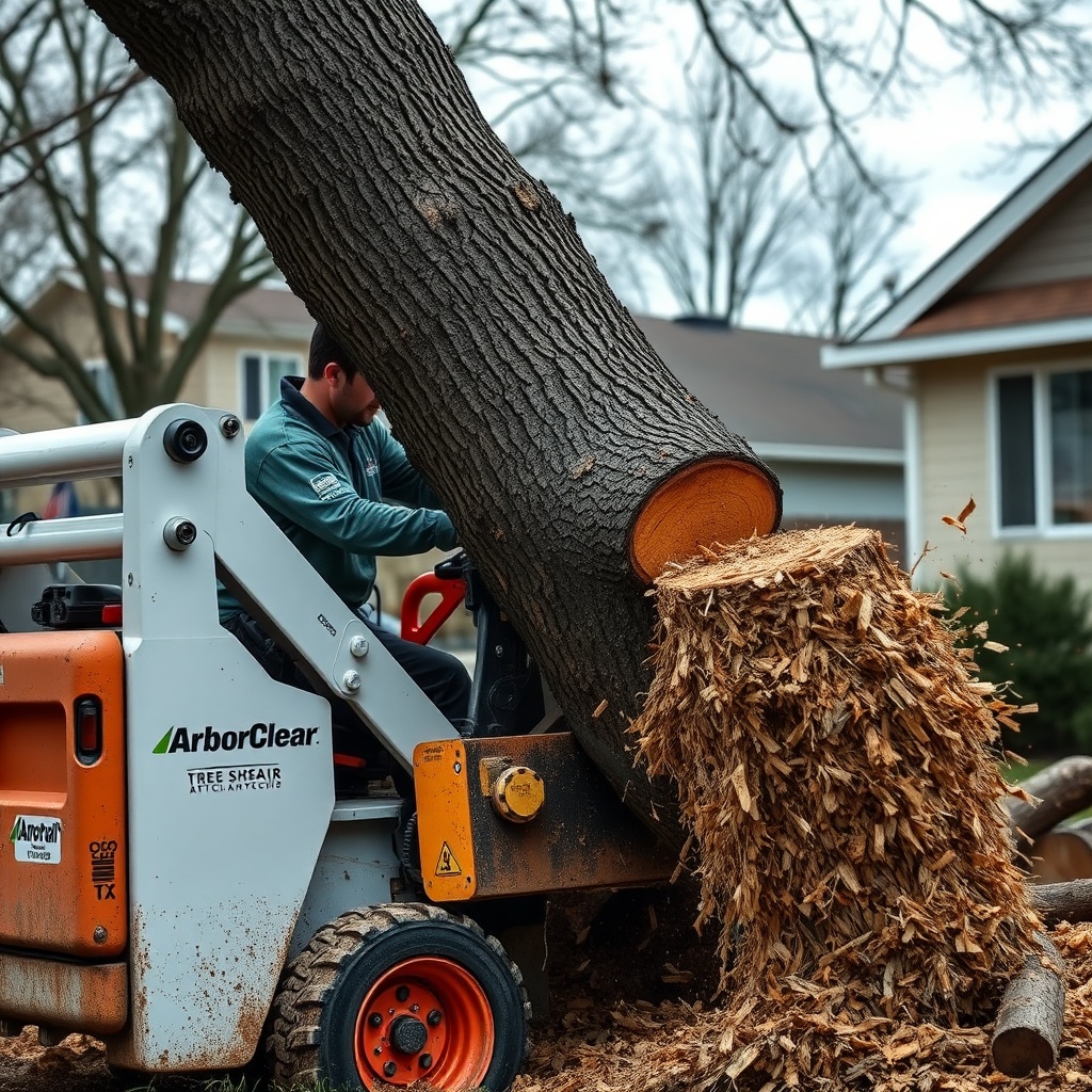 <A photorealistic photo of a tree care professional operating an ArborClear Tree Shear Att