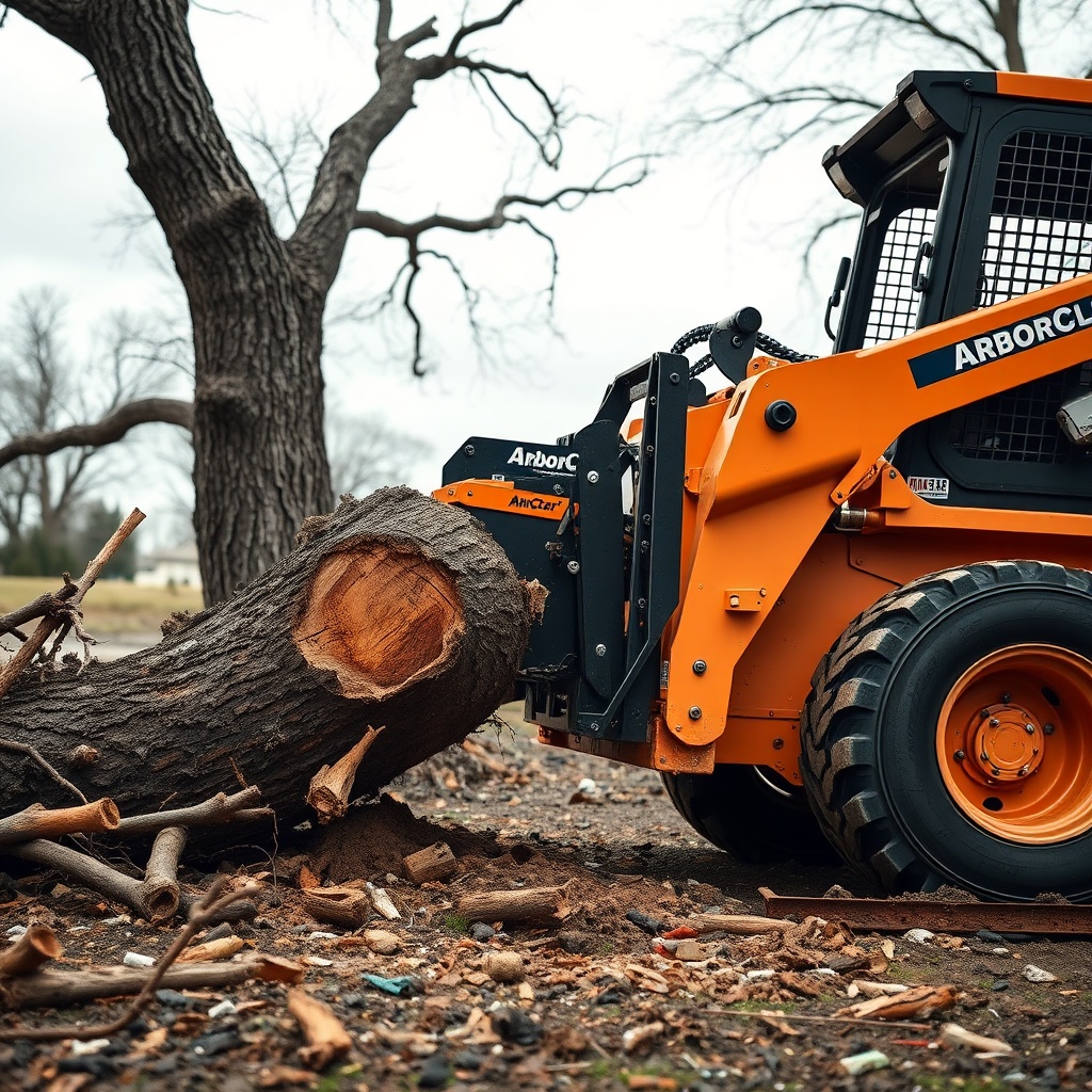 <clean photorealistic photo of a skid steer fitted with ArborClear Tree Shear Attachment c