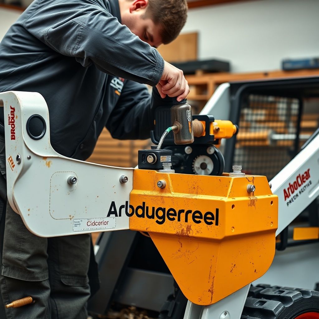 <clean photorealistic photo of a mechanic greasing pivot points on ArborClear Tree Shear A