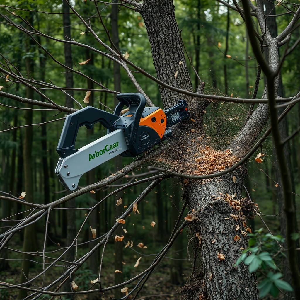 <clean photorealistic photo/illustration of ArborClear tree shear attachment cutting throu