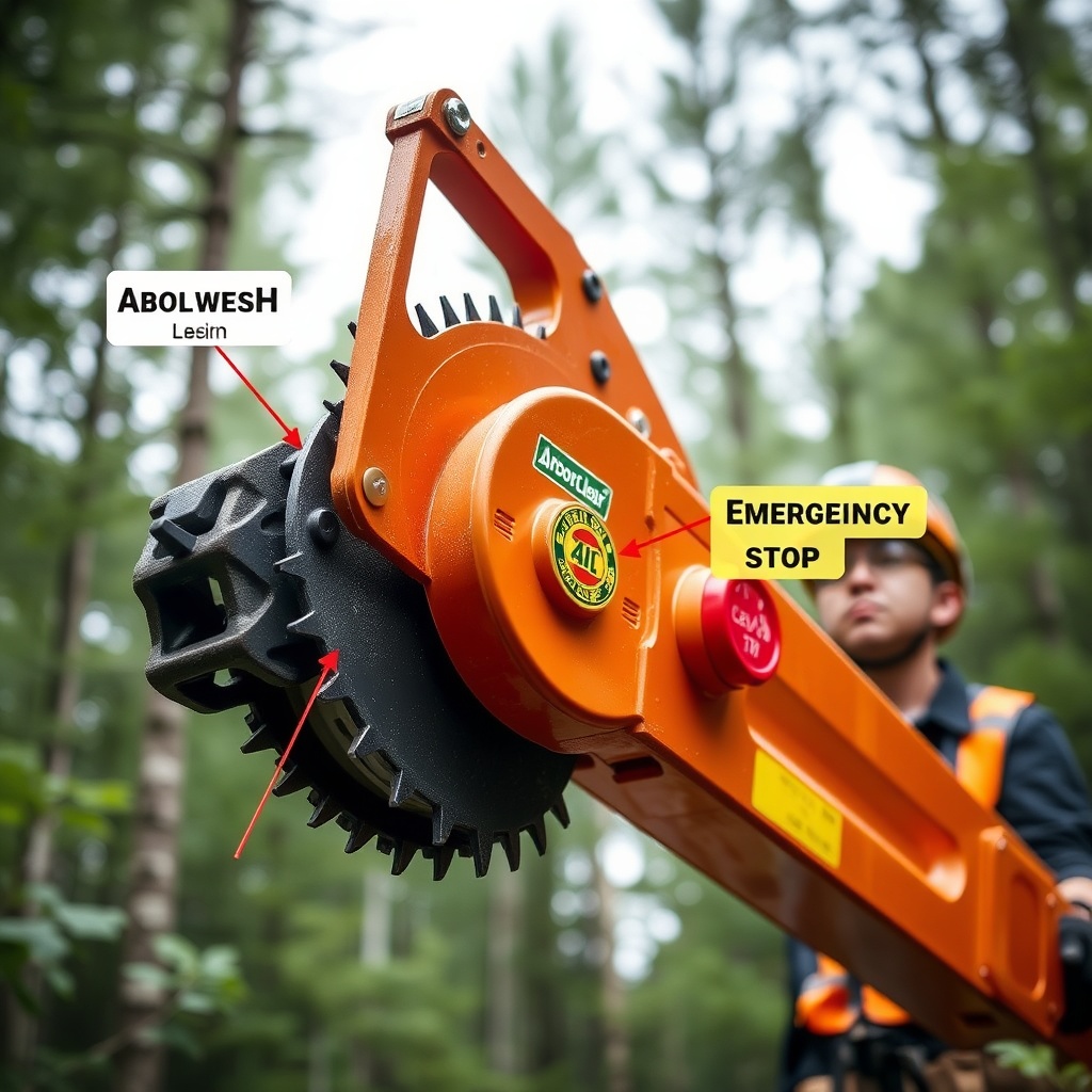 <clean photorealistic photo/illustration of ArborClear tree shear attachment with safety g