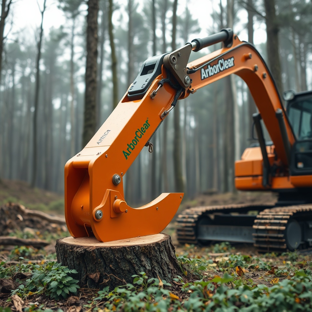 A clean photorealistic photo of an ArborClear Tree Shear Attachment mounted on an excavato