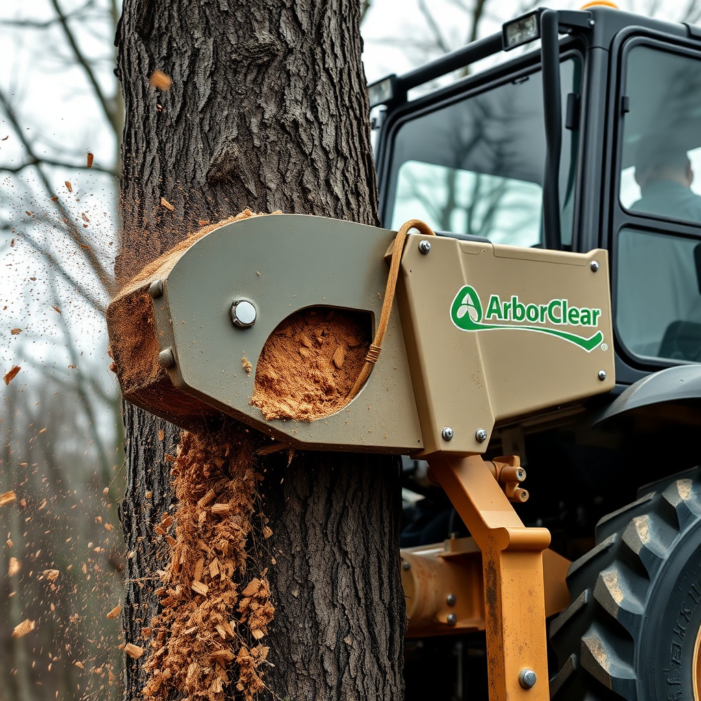 A clean photorealistic photo of an ArborClear Tree Shear Attachment cutting a large tree t
