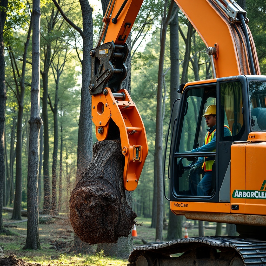<A photorealistic 16:9 photo of an excavator with an ArborClear Tree Shear Attachment moun