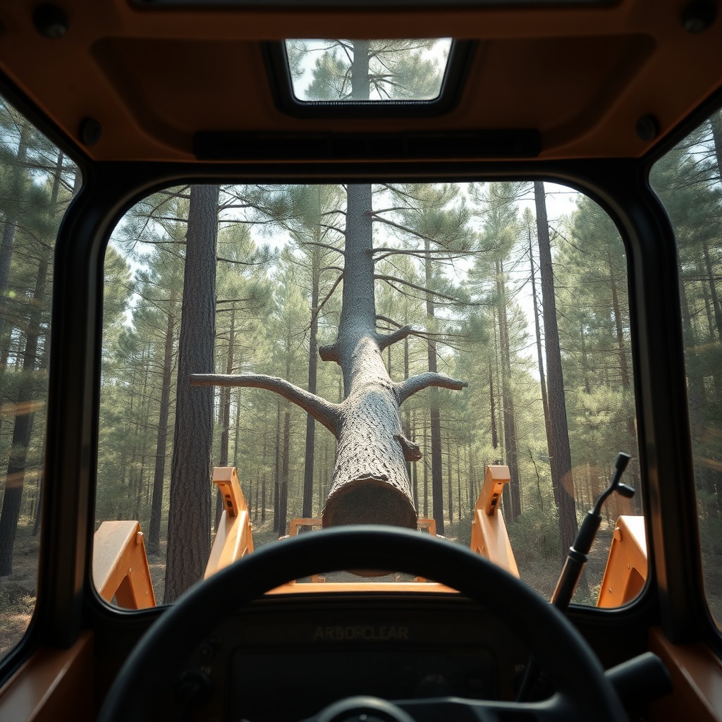 <A photorealistic 16:9 photo from an operator's perspective inside a skid-steer cab