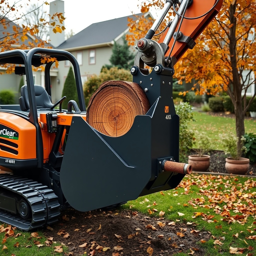 <photorealistic photo of an ArborClear Tree Shear Attachment mounted on an excavator