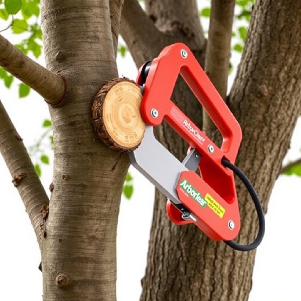 <photorealistic photo of the ArborClear Tree Shear Attachment cutting a beech tree with a