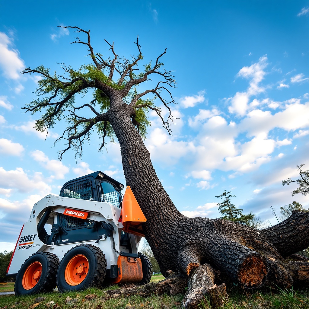 A photorealistic wide-angle shot of a skid steer loader equipped with an ArborClear Tree S