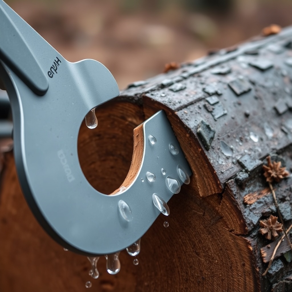 A photorealistic close-up of an ArborClear Tree Shear Attachment cutting through a large