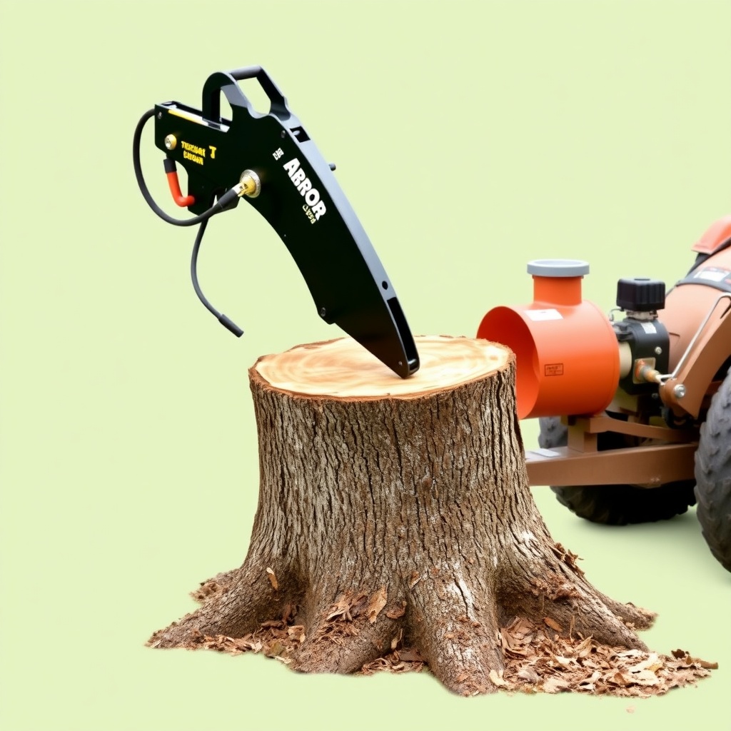 <clean photorealistic photo/illustration of ArborClear Tree Shear Attachment making a clea