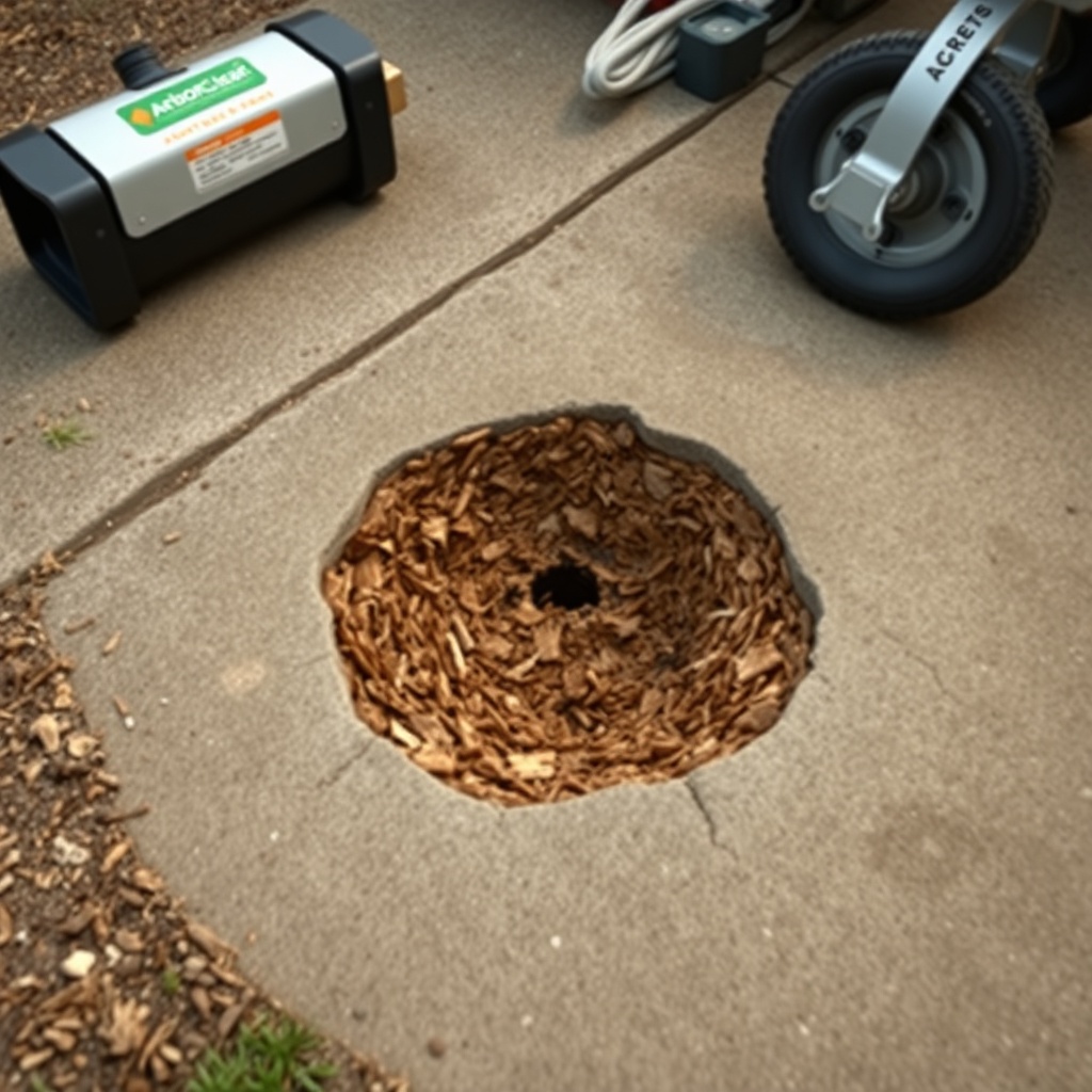<clean photorealistic photo/illustration of a cleanly ground stump hole with a shallow lay