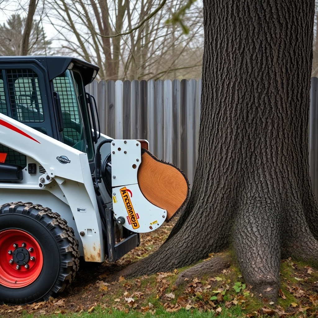 A clean photorealistic photo of a skid steer loader equipped with an ArborClear Tree Shear