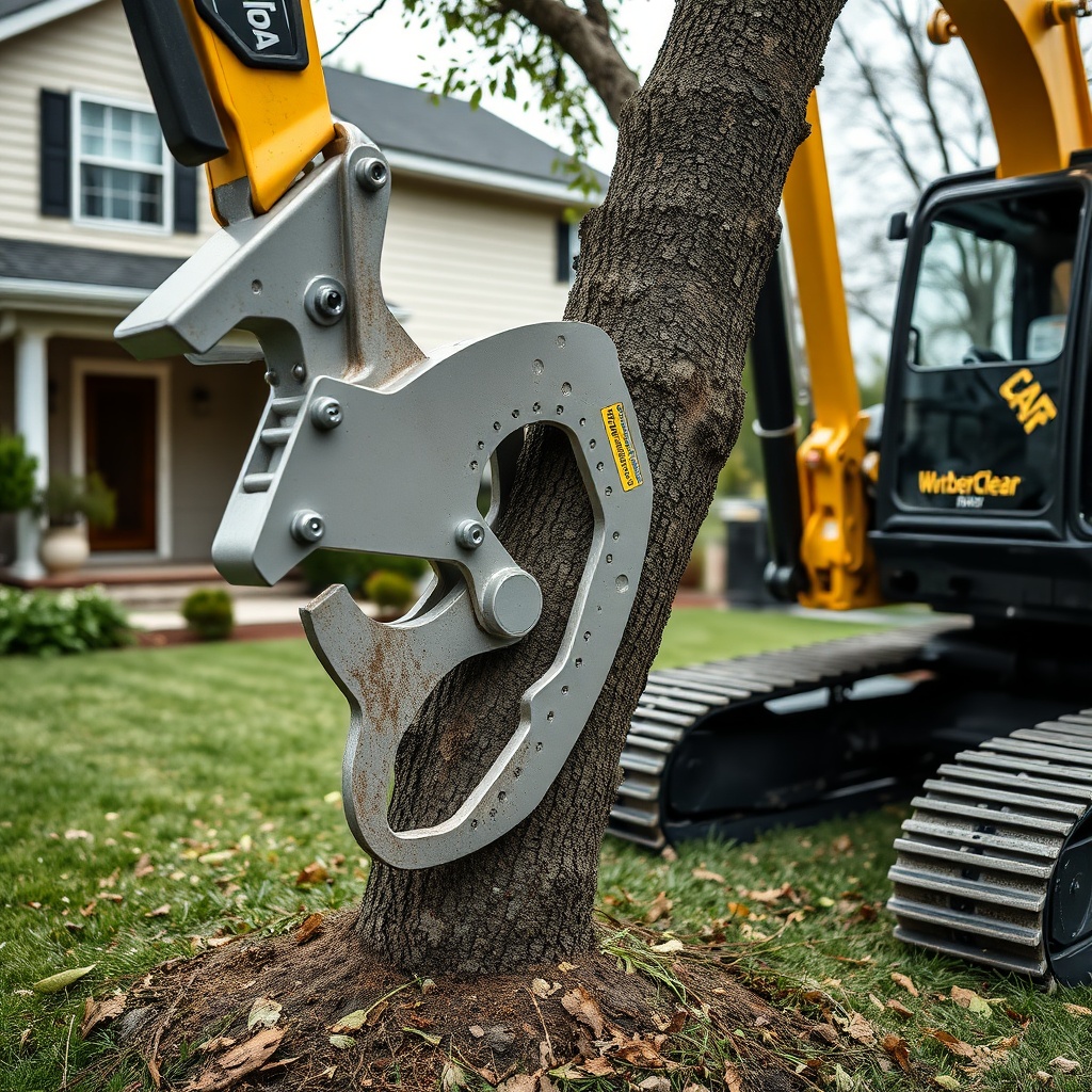 A clean photorealistic photo showing a Wacker Neuson excavator with an ArborClear Tree She