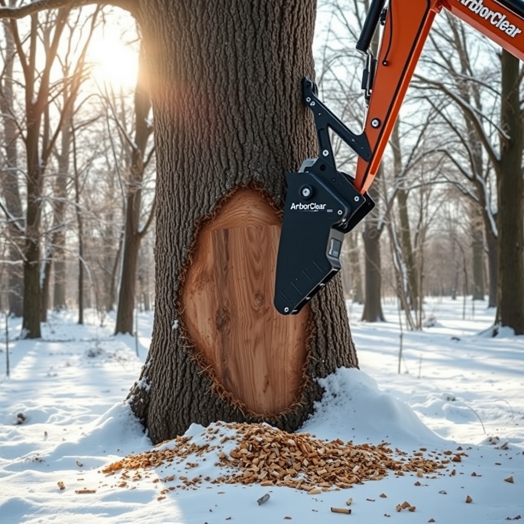 A photorealistic shot of an ArborClear Tree Shear Attachment mounted on an excavator