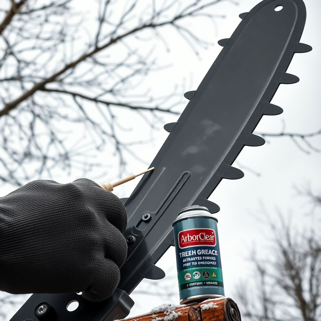 A photorealistic close-up of the ArborClear Tree Shear Attachment blades being greased by