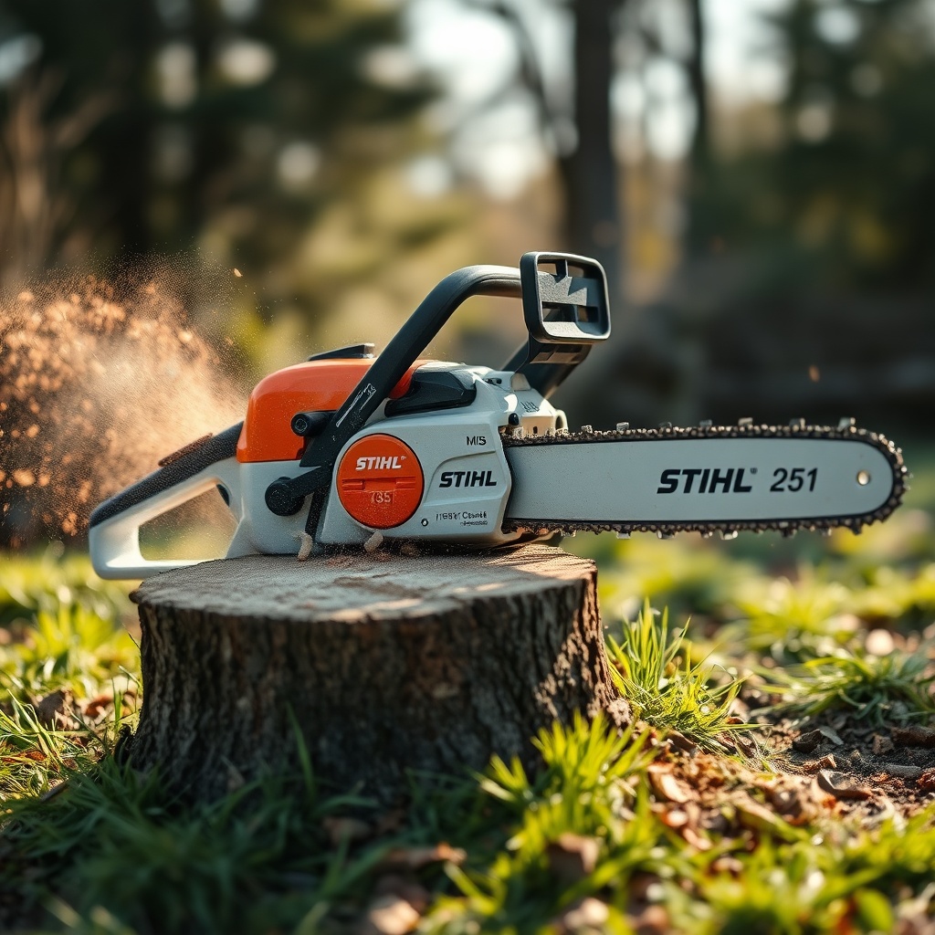A clean photorealistic photo showing a Stihl MS 251 chainsaw cutting into a stump at groun