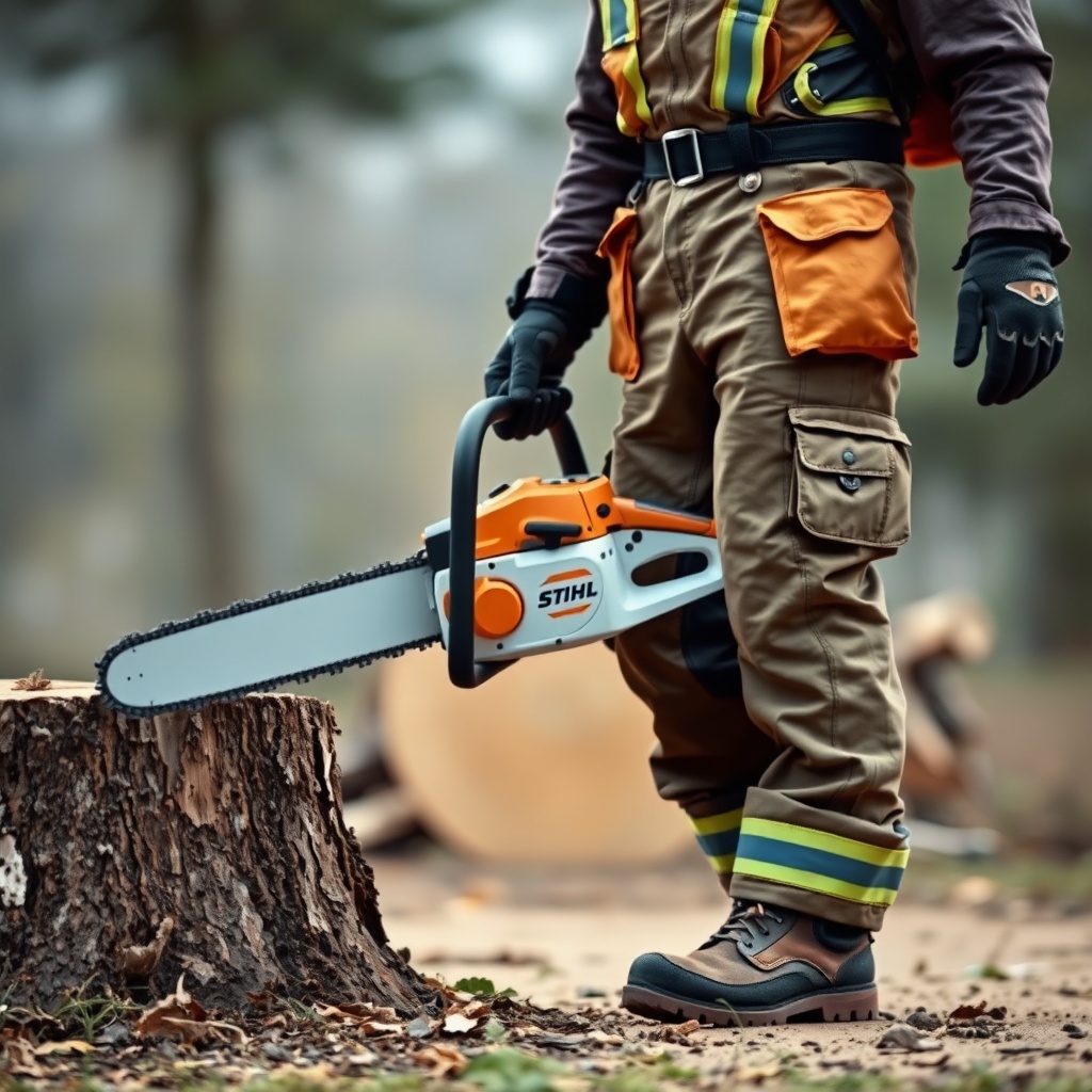 A clean photorealistic photo showing a person wearing full chainsaw safety gear (helmet