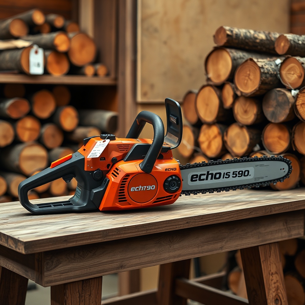 A photorealistic photo of an Echo CS-590 chainsaw placed on a workbench next to a stack of
