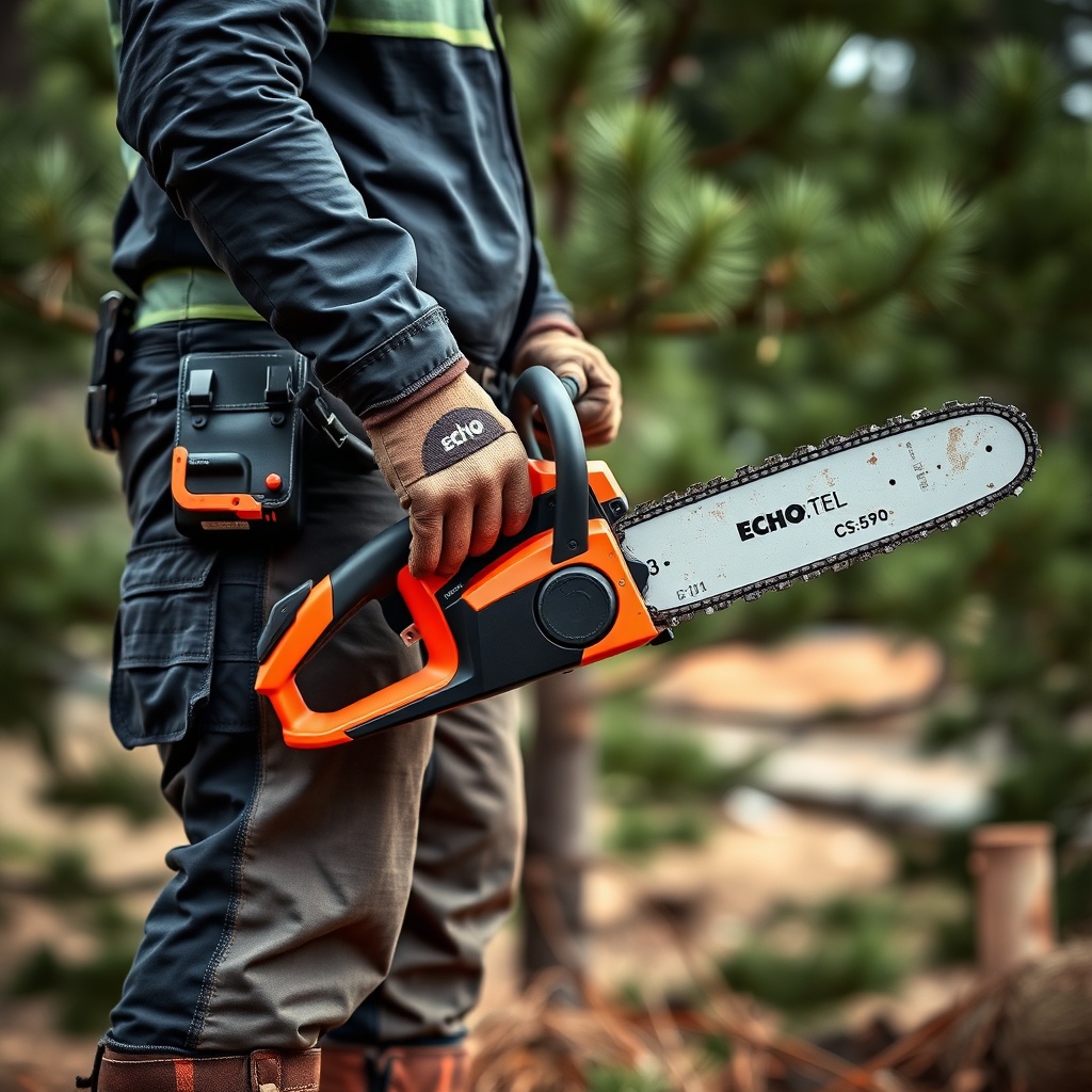 A photorealistic photo of a person wearing full chainsaw safety gear (helmet