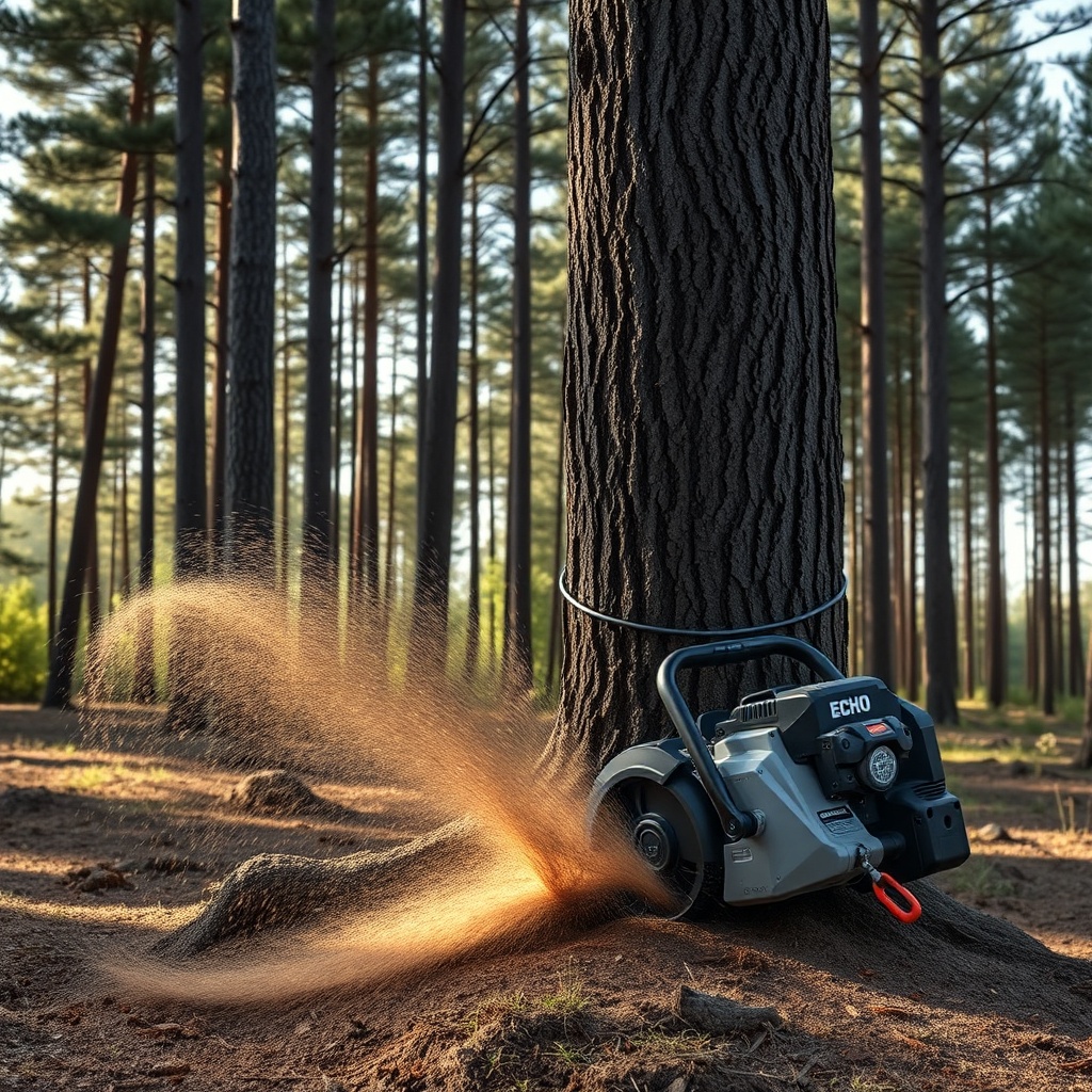 A photorealistic photo of an Echo CS-590 cutting through the base of a tall pine tree