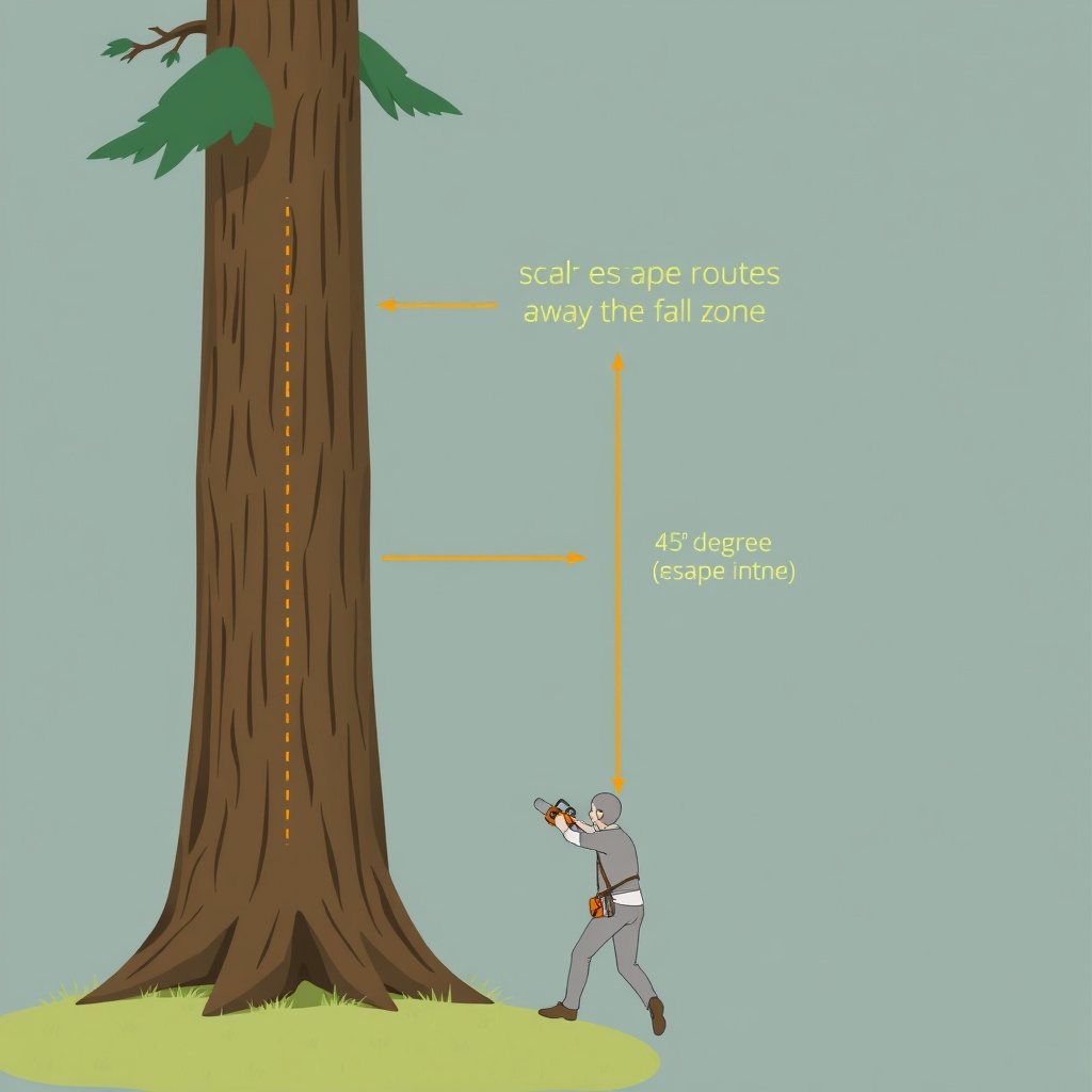 A clean illustration showing a human figure with a chainsaw at the base of a tall tree