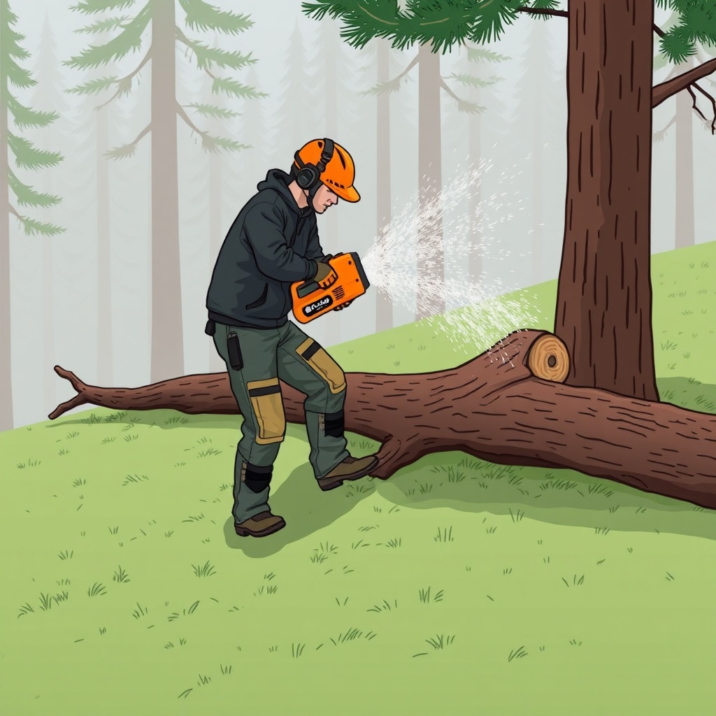 An illustration showing a person using an Echo CS-590 to limb a fallen pine tree on a gent