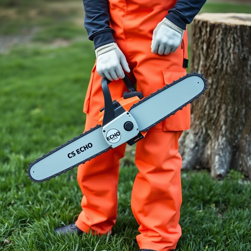 A beginner wearing bright orange chainsaw chaps over jeans