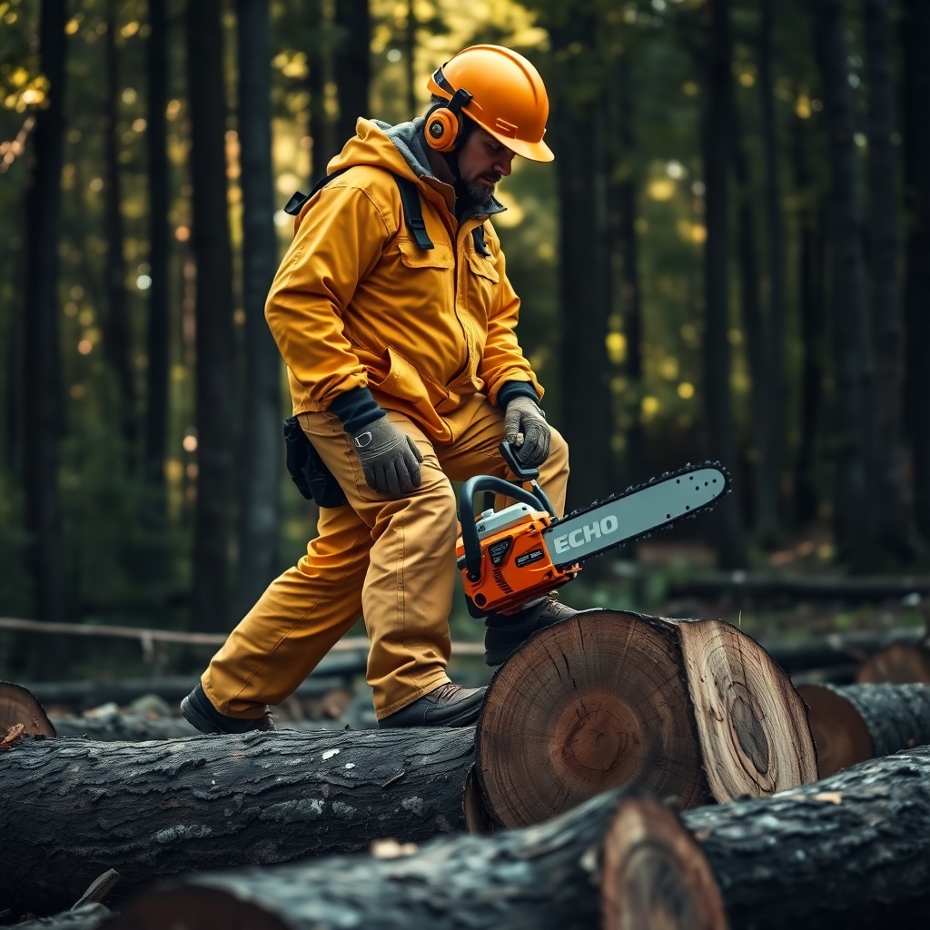 A side-angle shot of a fully dressed logger in a yellow chainsaw suit and helmet