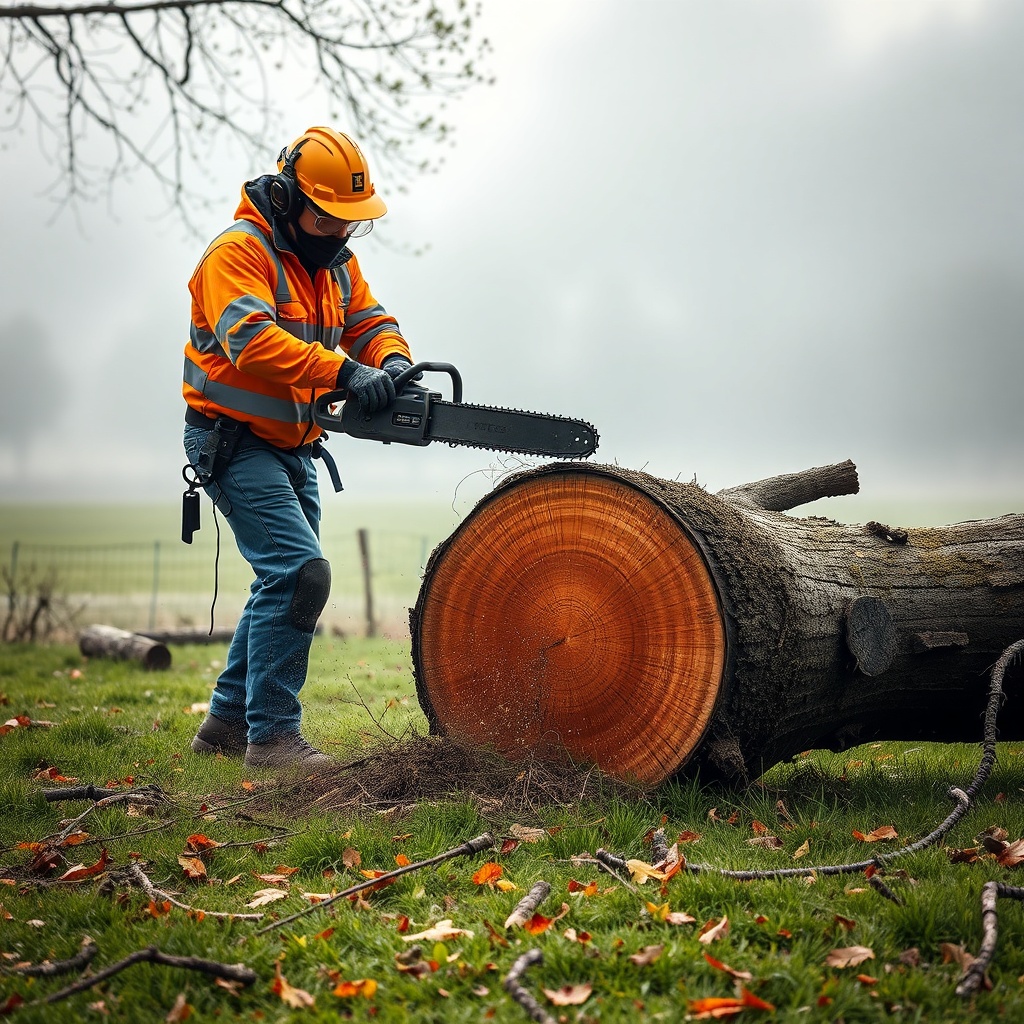 A clean photorealistic photo of a chainsaw operator in full safety gear cutting a fallen t