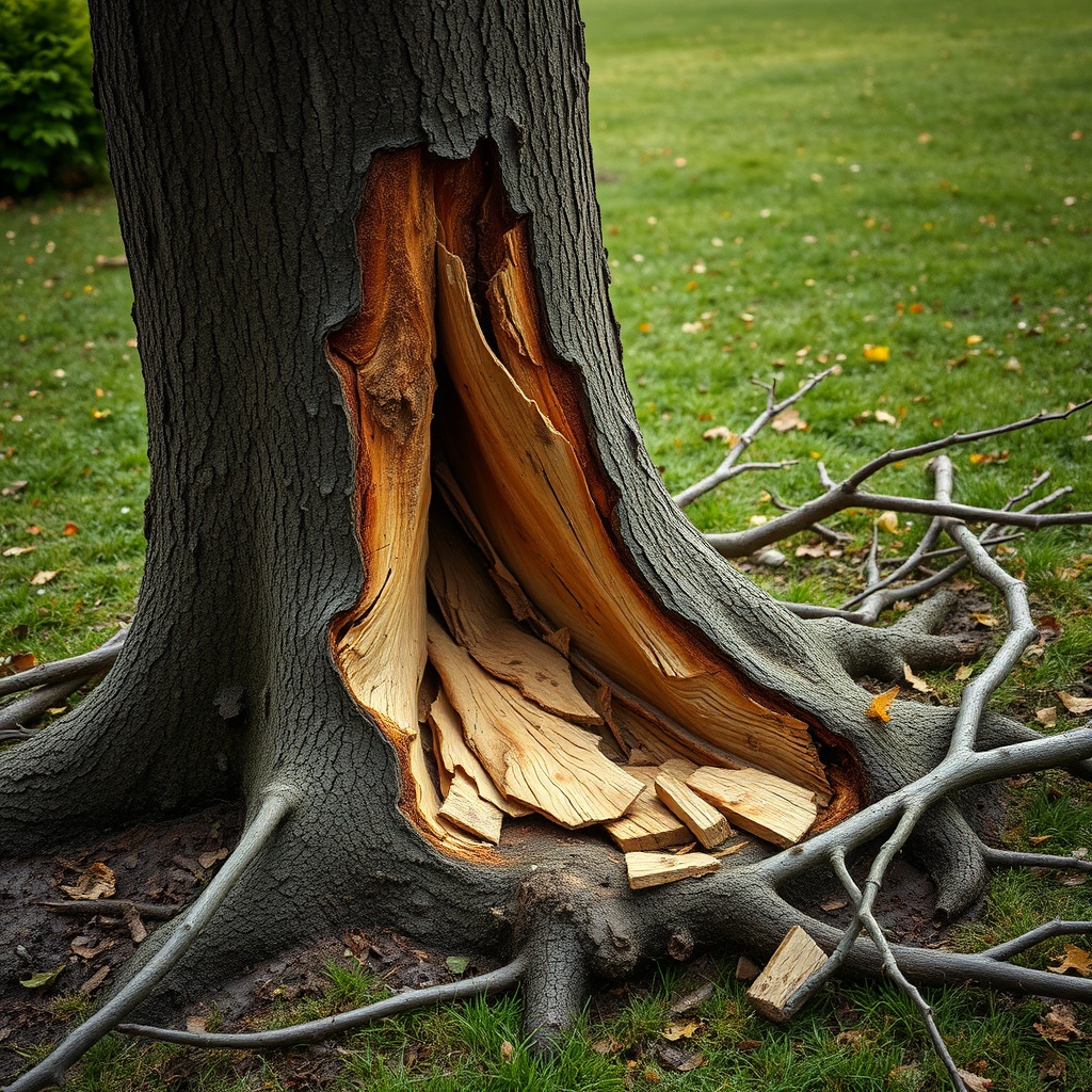 A clean photorealistic photo of a damaged tree trunk with a large split and exposed wood f