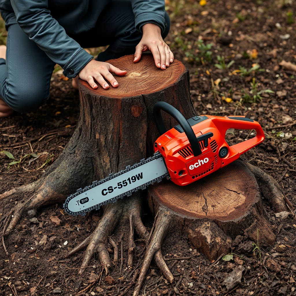 <clean photorealistic photo of a person kneeling beside a stump