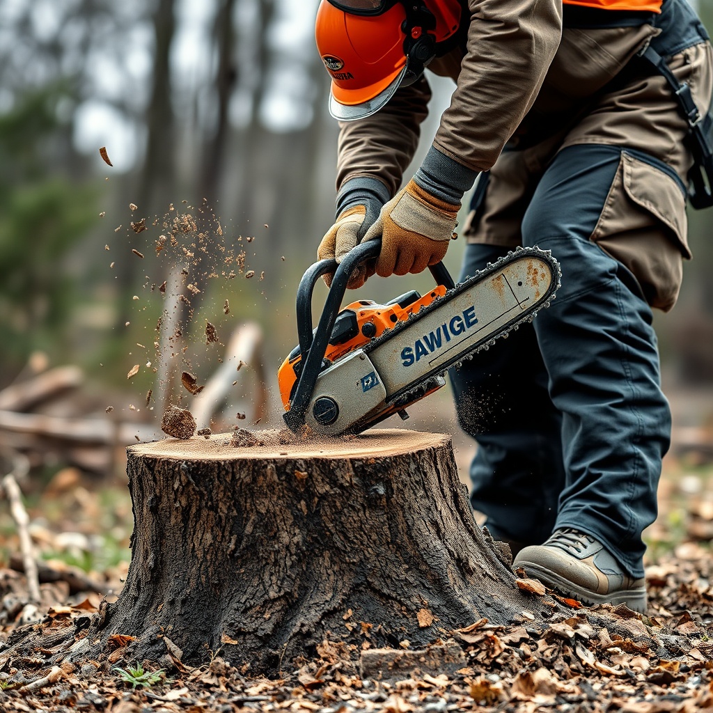 <clean photorealistic photo of a chainsaw operator wearing full safety gear (helmet