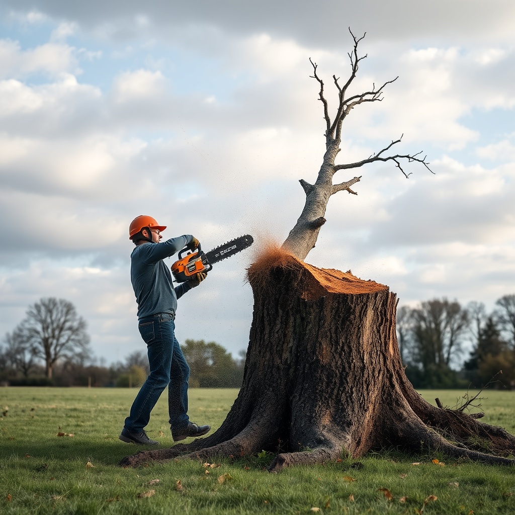 A photorealistic photo of a mid‑sized oak tree being felled by one person using an Echo CS