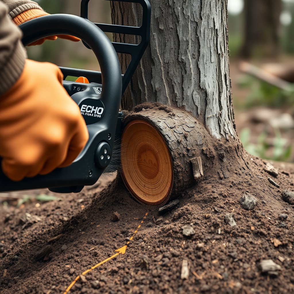A photorealistic close‑up illustration showing a hands‑on view of an Echo CS 590 chainsaw
