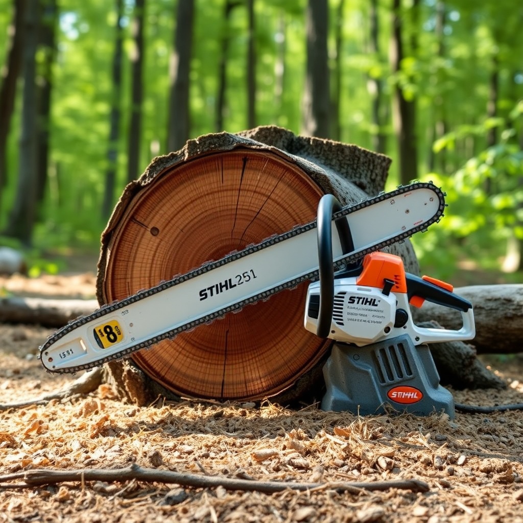 A Stihl MS 251 with a 16-inch bar resting against a freshly cut oak stump about 18 inches