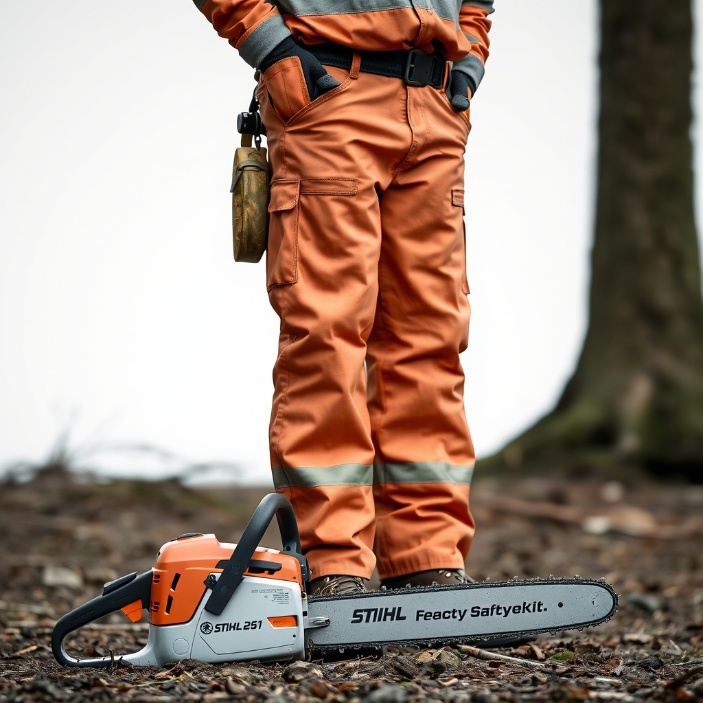 A person wearing a full forestry safety kit including helmet with face shield
