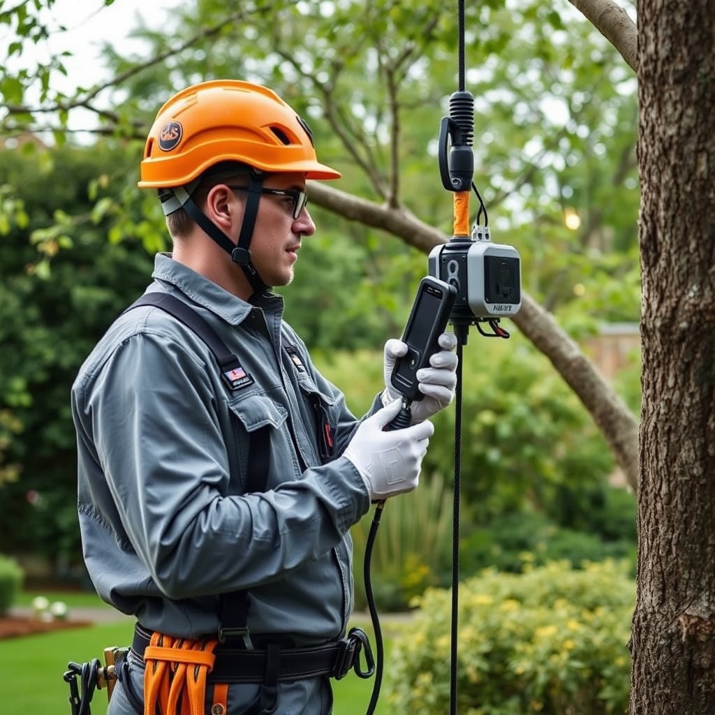 A photorealistic image of an arborist using the Hass Remote Tree Climbing System in a UK g