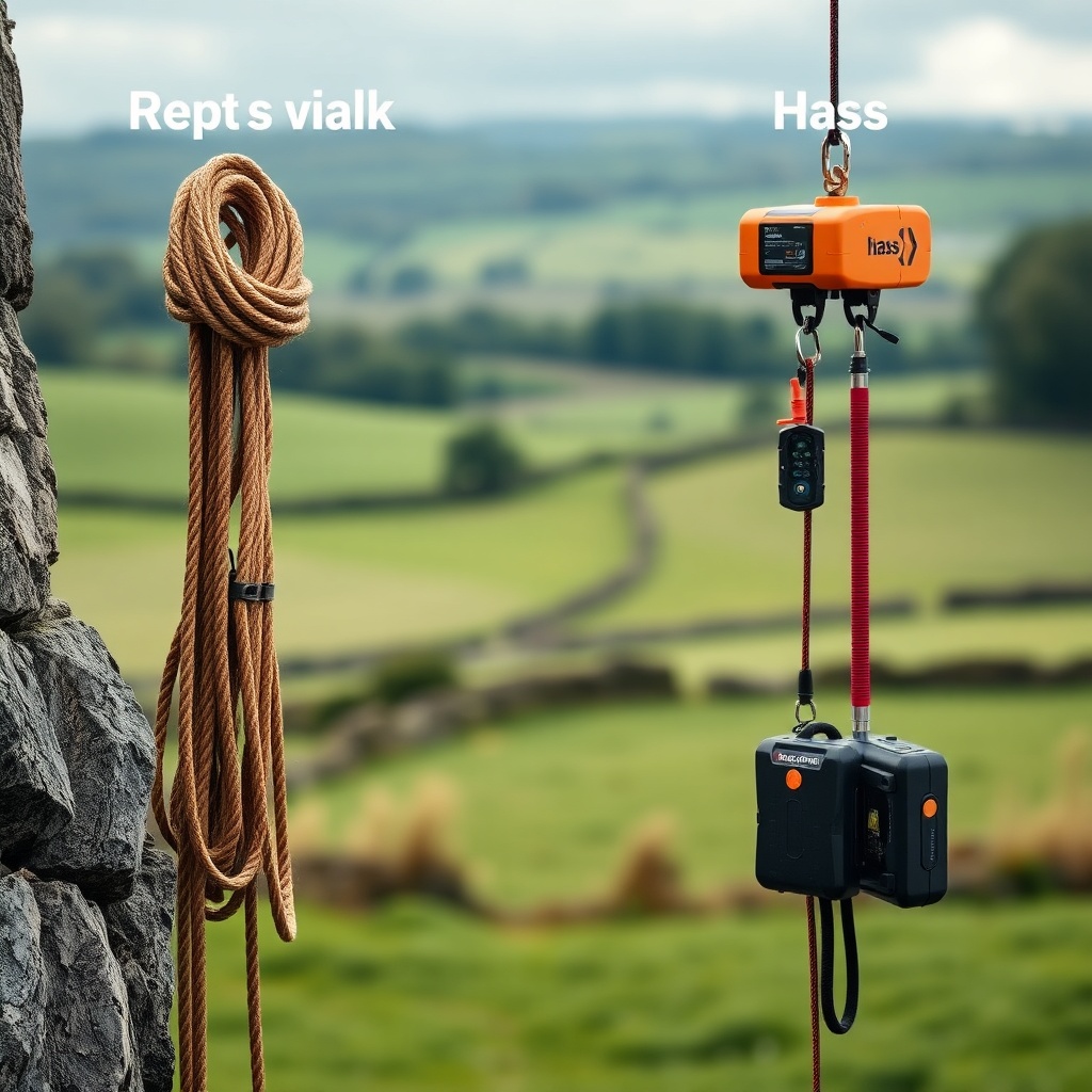A clean photorealistic photo comparing a traditional rope climbing setup on the left and t