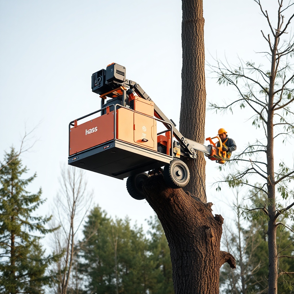 A clean photorealistic photo of the Hass Remote Tree Climbing System in use during a contr