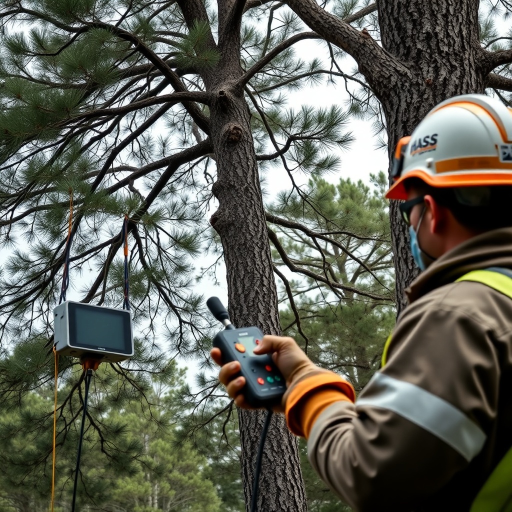 A clean photorealistic photo of an arborist using a remote controller while the Hass syste
