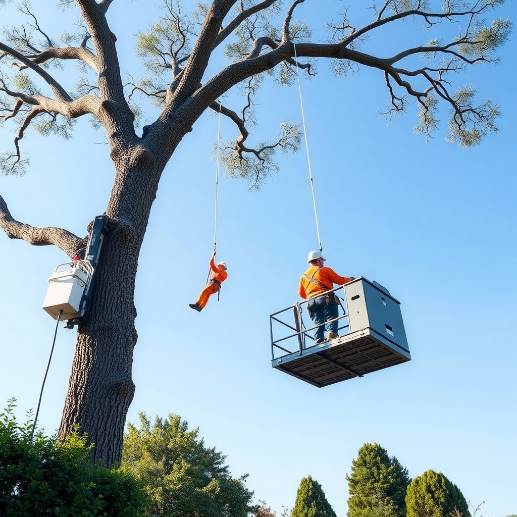 A photorealistic photo of the Hass Remote Tree Climbing System mounted on a tall oak tree
