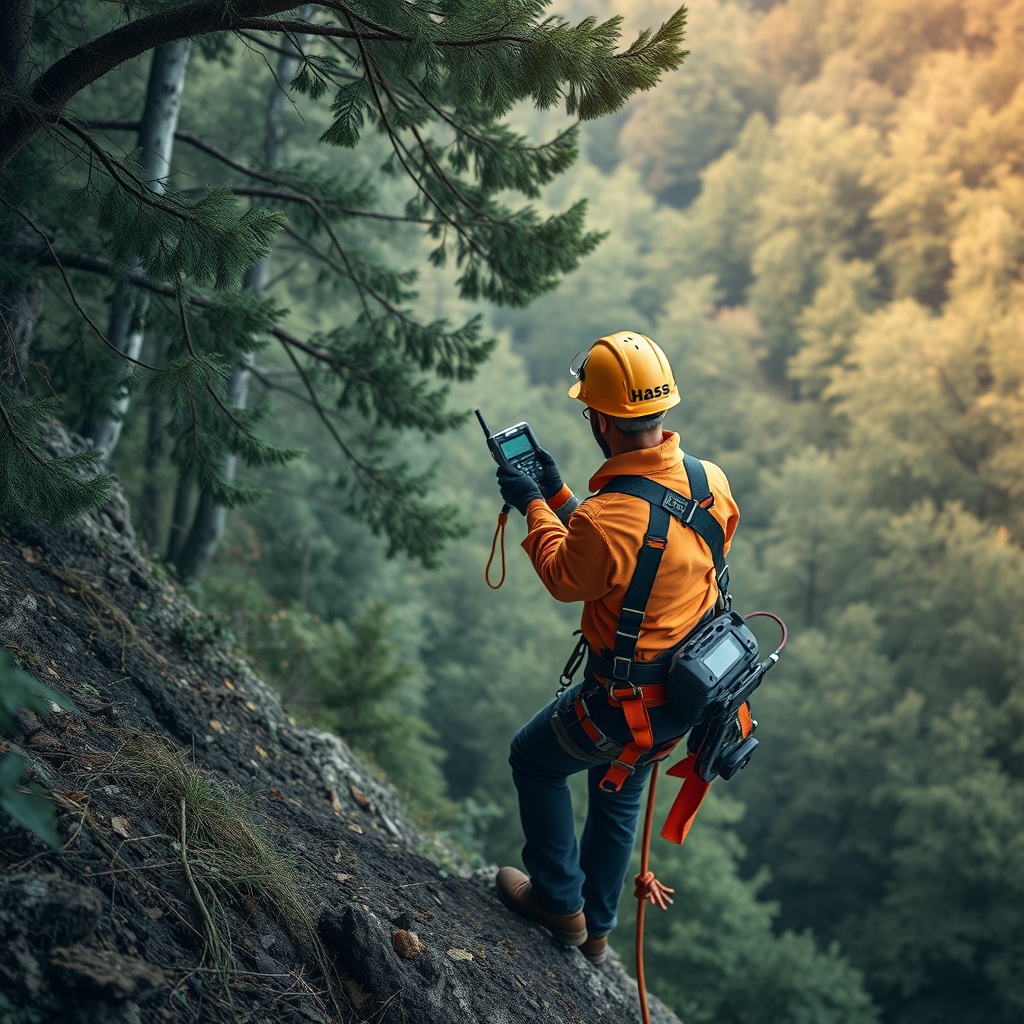 A photorealistic photo of an arborist on a steep hillside