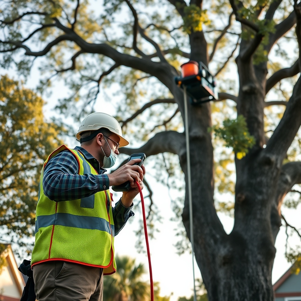 A professional arborist in a safety vest holding the Hass remote control unit while a robo